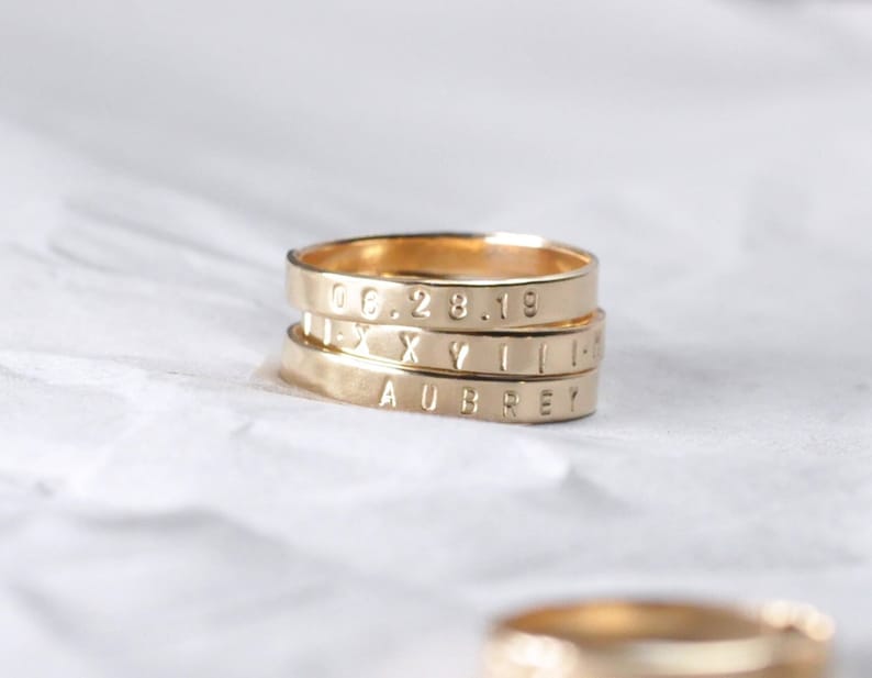 Personalized 14K Yellow Gold ring, 3mm solid gold engraved ring, flat band, posy ring, custom name date quote ring, wedding band / PREORDER image 1