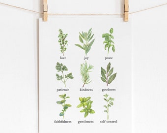 Fruit of the Spirit Art Print, Farmhouse Herbs Wall Art Decor, Love Joy Peace Patience, Galatians 5:22, Kitchen Art Print, Christian Gift
