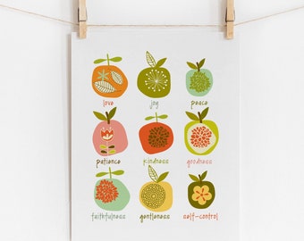 Fruit of the Spirit Art Print, Bible Verse Nursery Art, Galatians 5:22, Scripture Print Wall Art, Love Joy Peace, Christian Nursery Art