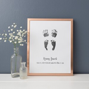 Baby Hand Print Footprint Gift, Personalized Art with Baby&#39;s Hand and Foot Prints, Custom Nursery Art, New Baby, New Mom Gift, Birth Stats