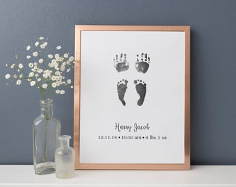 Baby Hand Print Footprint Gift, Personalized Art with Baby's Hand and Foot Prints, Custom Nursery Art, New Baby, New Mom Gift, Birth Stats