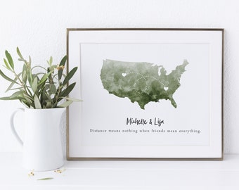 Long Distance Relationship Gift for Boyfriend or Girlfriend, Moving Away Gift Print for Friend, Going Away Gift, Best Friend Two State Map