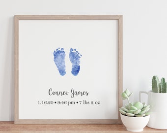 Watercolor Baby Footprint Art Print, Personalized Foot Print Wall Art from Picture of Actual Footprints, Nursery Art, Newborn Gift, New Mom