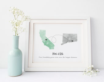 Custom Moving Away Gift Print, Going Away Gift, Long Distance Best Friend Two State Map, Long Distance Relationship, Watercolor States