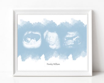 Op de afbeelding: Een blauwe aquarel achtergrond met drie zwart-witte echografiebeelden van een baby. De tekst "Finley William" is onder de afbeeldingen gedrukt.