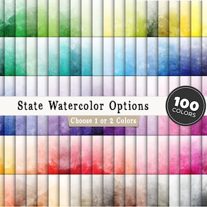 May include: A collection of 100 watercolor swatches in various colors, arranged in rows. The text "State Watercolor Options" and "Choose 1 or 2 Colors" is displayed above the swatches. A circle with the text "100 Colors" is displayed in the upper right corner.