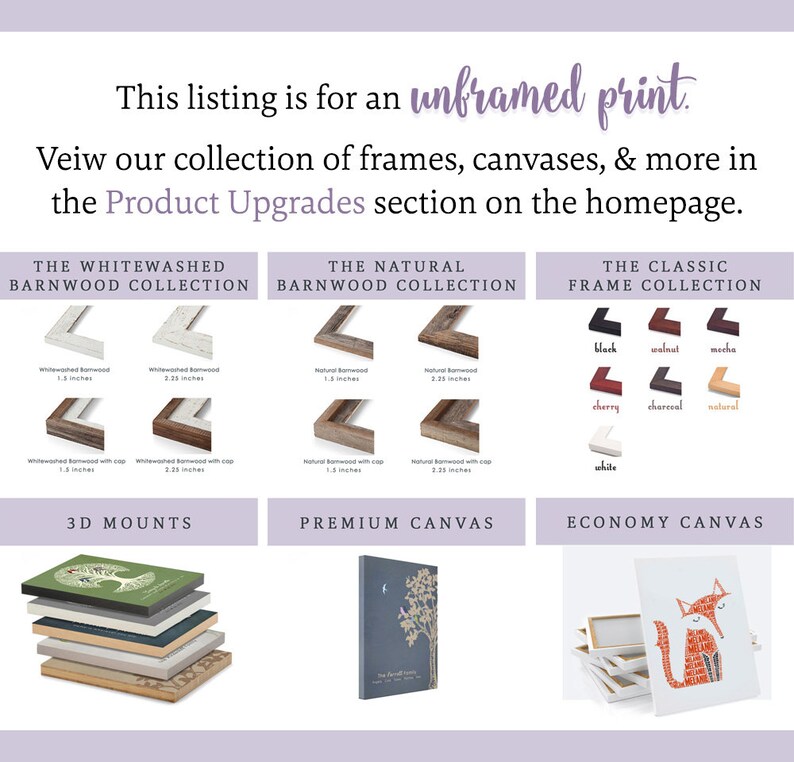 May include: A comparison of different framing options for prints. The Whitewashed Barnwood Collection features whitewashed wood frames in 1.5 and 2.25 inch sizes. The Natural Barnwood Collection features natural wood frames in 1.5 and 2.25 inch sizes. The Classic Frame Collection features black, walnut, mocha, cherry, charcoal, natural, and white frames. The 3D Mounts option features a stack of three-dimensional mounts. The Premium Canvas option features a canvas print with a white border. The Economy Canvas option features a canvas print with a white border.