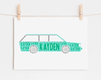 Personalized STATION WAGON Print, Name Art, Nursery Wall Art Print Kids Room, Automobile Themed Room Decor, Transportation, Typography Print