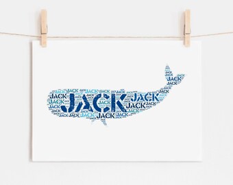 May include: A whale-shaped word cloud made of the name "Jack" in blue and light blue text on a white background.