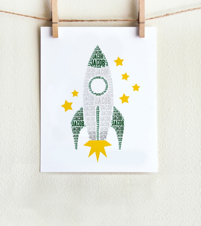 Personalized ROCKET Art Print, Spaceship Wall Art, Space Theme Room Decor, Rocket Poster, Name Art Typography Print, Boys Bedroom Decor image 6