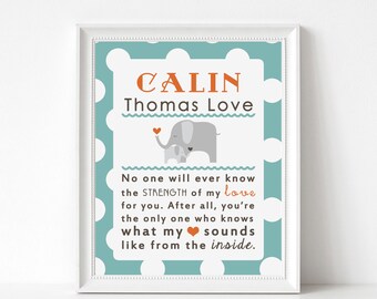 Baby Boy Nursery Gift Print, Personalized Elephant Wall Art Decor, Baby Shower Gift, No One Will Ever Know the Strength of My Love for You