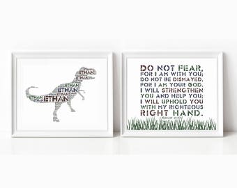 T Rex Dinosaur Nursery Print and Bible Verse Print - Set of Two