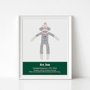 TEACHER Gifts, Personalized Sock Monkey Print with Student Names, Custom Sock Monkey Art Print, Personalize with Name, School, Year