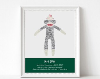 TEACHER Gifts, Personalized Sock Monkey Print with Student Names, Custom Sock Monkey Art Print, Personalize with Name, School, Year