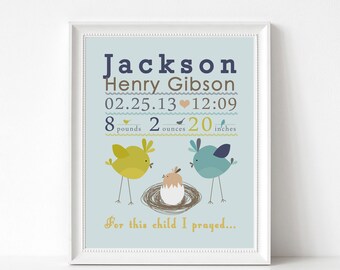 Newborn Baby Birth Information Art Print, Birth Details Nursery Art, Birth Stats, Birds and Nest Boy Bedroom Decor, For This Child I Prayed