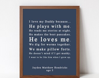 Custom Gift for Dad Art Print, Father's Day, Birthday Gift for Grandfather, Gift from Kids, Custom Text and Colors, I Love Daddy Because