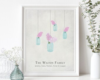 Personalized Family Tree Print - Custom Family Wall Art Print - Gift for Mom or Grandma - Personalized Family Art - Lilacs, Mason Jars