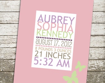Custom Baby Girl Nursery Wall Art - 8x10 Gift Print - Personalized Birth Statistics