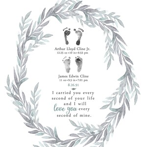 May include: A watercolor illustration of a leafy wreath with two sets of baby footprints inside. The footprints are labeled with the names "Arthur Lloyd Cline Jr." and "James Edwin Cline" along with their birth weights and lengths. The text "I carried you every second of your life and I will love you every second of mine." is written below the footprints.
