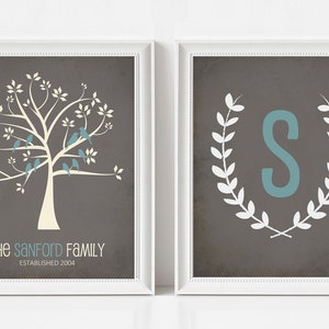 FAMILY TREE Print, Family Tree Gift with Birds and Monogram, Set of Two, Adoption Gifts, Personalized Gift for Mom, Dad, Grandparents