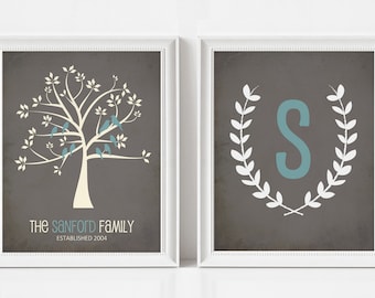 FAMILY TREE Print, Family Tree Gift with Birds and Monogram, Set of Two, Adoption Gifts, Personalized Gift for Mom, Dad, Grandparents