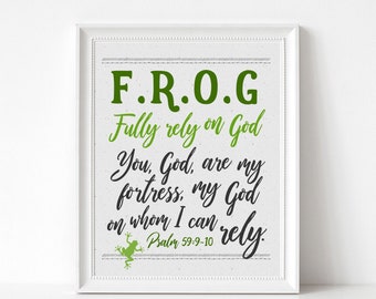 FROG - Fully Rely on God Kids Bible Verse Print, Kids Scripture Art, Psalm 59:9-10, Scripture Wall Decor for Kids, Wall Art, Nursery Print