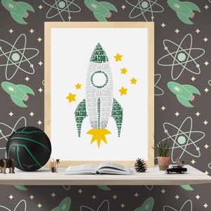 Personalized ROCKET Art Print, Spaceship Wall Art, Space Theme Room Decor, Rocket Poster, Name Art Typography Print, Boys Bedroom Decor image 7