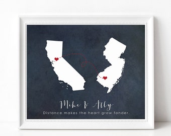 Long Distance Relationship Gift Print, Best Friend Gift, Long Distance Boyfriend, Girlfriend, Family, Personalized Two State Silhouette Sign