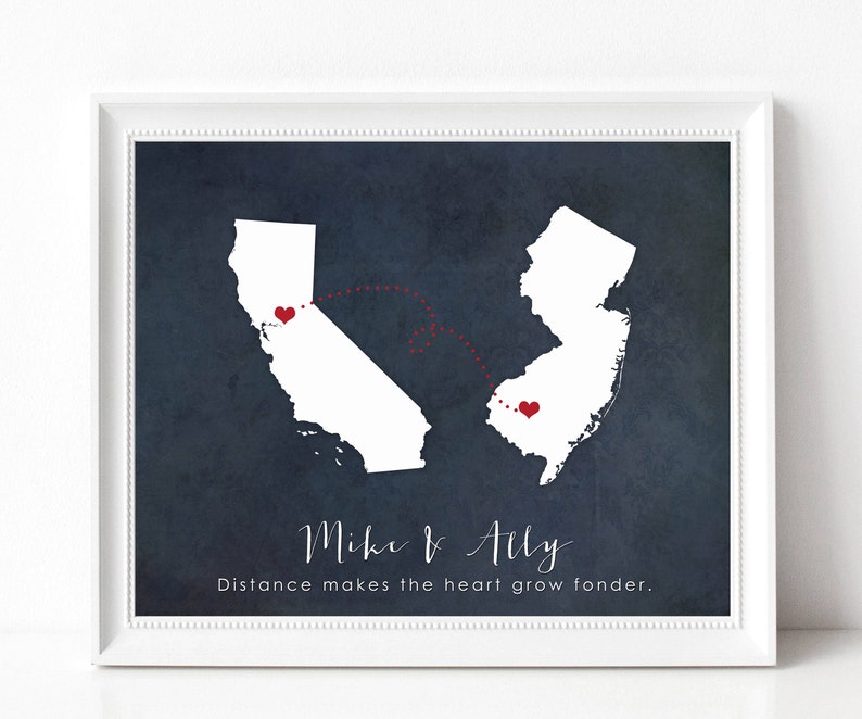 Long Distance Relationship Gift Print, Best Friend Gift, Long Distance Boyfriend, Girlfriend, Family, Personalized Two State Silhouette Sign image 1
