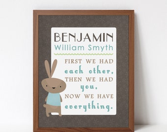 Boy Adoption Gift, Nursery Decor, Personalized Bunny Art Print, Custom Rabbit Bedroom Decor, Nursery Name Sign, First We Had Each Other