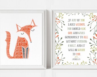 Fox Nursery Art and Bible Verse Print - Set of Two