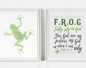 Frog Nursery Art and Bible Verse Print - Set of Two