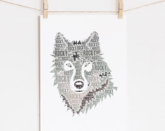 Custom WOLF Art Print, Custom Name Nursery Art, Wolf Themed Room Decor, Woodland Wall Art Print Kids Room, Personalized Typography Print