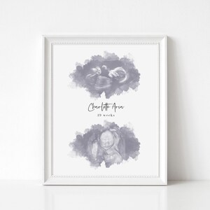 May include: A framed print with two ultrasound images of a baby in a watercolor-like cloud design. The text "Charlotte Aria 19 weeks" is below the top image.
