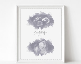 Op de afbeelding: Een ingelijst afdruk met twee echografiebeelden van een baby in een aquarelachtig wolkendesign. De tekst "Charlotte Aria 19 weken" staat onder de bovenste afbeelding.