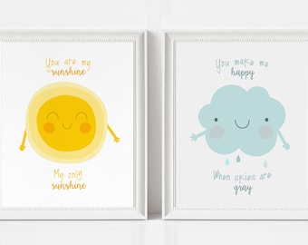 You Are My Sunshine Wall Art Prints - Set of Two - Nursery Prints Baby Boy, Baby Girl - Baby Shower Gift - Kids Room Decor -Nursery Wall Art