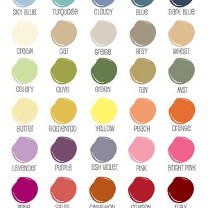 May include: A chart of 25 different color swatches with the name of each color written below the swatch. The colors include sky blue, turquoise, cloudy, blue, dark blue, cream, oat, greige, gray, wheat, celery, olive, green, tan, mist, butter, goldenrod, yellow, peach, orange, lavender, purple, ash violet, pink, bright pink, wine, salsa, cinnamon, crimson, ruby, white, camel, chocolate, charcoal, and jet black.