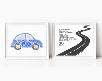 Custom CAR Nursery Art Print and Bible Verse Print, SET of Two, Be Strong and Courageous, Joshua 1:9, Kids Wall Art, Christian Scripture