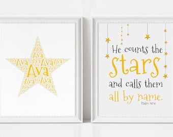 Custom STAR Nursery Art Print and Bible Verse Print, SET of TWO, He Counts the Stars, Kids Wall Decor, Wall Art, Christian Scripture Print