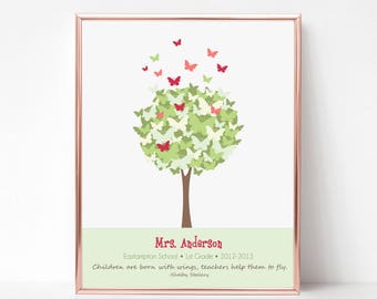 TEACHER Gifts, Teacher Appreciation Gift, Custom Art Print, Butterfly Tree Wall Art Sign, Personalized with Teacher Name, School, Grade