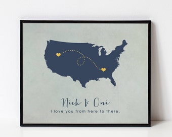 LDR Gift, Long Distance Relationship Art Print, Long Distance Boyfriend, Girlfriend, Best Friend, Family, Personalized USA Map Silhouette