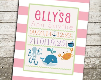 Personalisierte Geburtsdaten Kinderzimmer Print - Geschenk für Neugeborene Baby Mädchen oder Junge - Nautischer Strand Geschenkdruck mit vielen verfügbaren Größen