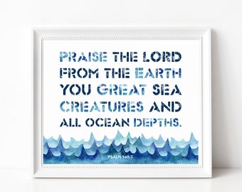 Kids Bible Verse Print, Ocean Theme Scripture Art, Nautical Wall Decor, Kids Room, Scripture Wall Art, Bible Verse Sign, Nursery Print