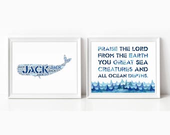 Custom WHALE Nursery Art Print and Bible Verse Print, SET of TWO, Nautical Wall Decor, Ocean Wall Art Kids, Humpback Whale, Scripture Print