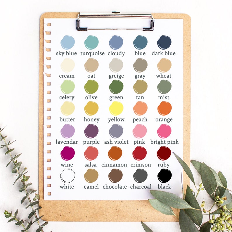 May include: A color chart with 24 different paint colors, each with a name written below it. The colors include sky blue, turquoise, cloudy, blue, dark blue, cream, oat, greige, gray, wheat, celery, olive, green, tan, mist, butter, honey, yellow, peach, orange, lavender, purple, ash violet, pink, bright pink, wine, salsa, cinnamon, crimson, ruby, white, camel, chocolate, charcoal, and black.