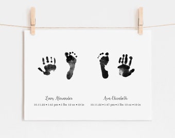 Siblings or Twins Handprint and/or Footprint Art, New Baby Gift with Actual Hand Prints and Foot Prints, Nursery Art, Personalized Keepsake