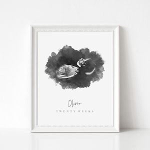 May include: Black and white watercolor print of an ultrasound image with the name Oliver and the text "TWENTY WEEKS" below.