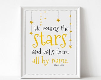 Space Art, Kids Bible Verse Print, Star Theme Scripture Art, Psalm 147:4, Scripture Wall Decor for Kids, Nursery Print, He counts the stars