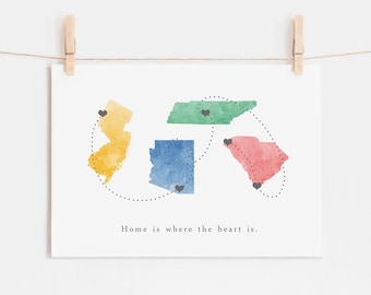 Custom Moving Away Gift Print, Going Away Gift, Long Distance Best Friend FOUR State Map, Long Distance Relationship, Watercolor States