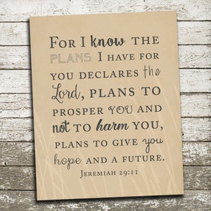 Bible Verse Wall Art Print- Scripture Art for the Wall - Jeremiah 29 11 - For I know the plans I have for you